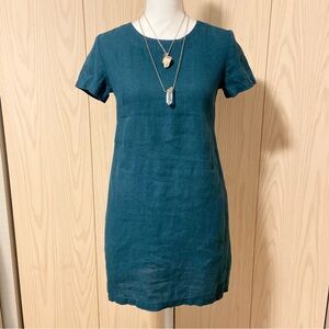 Love and Confuse 100% Linen Mini Dress Women’s XS Short Sleeve Pockets Dark Teal